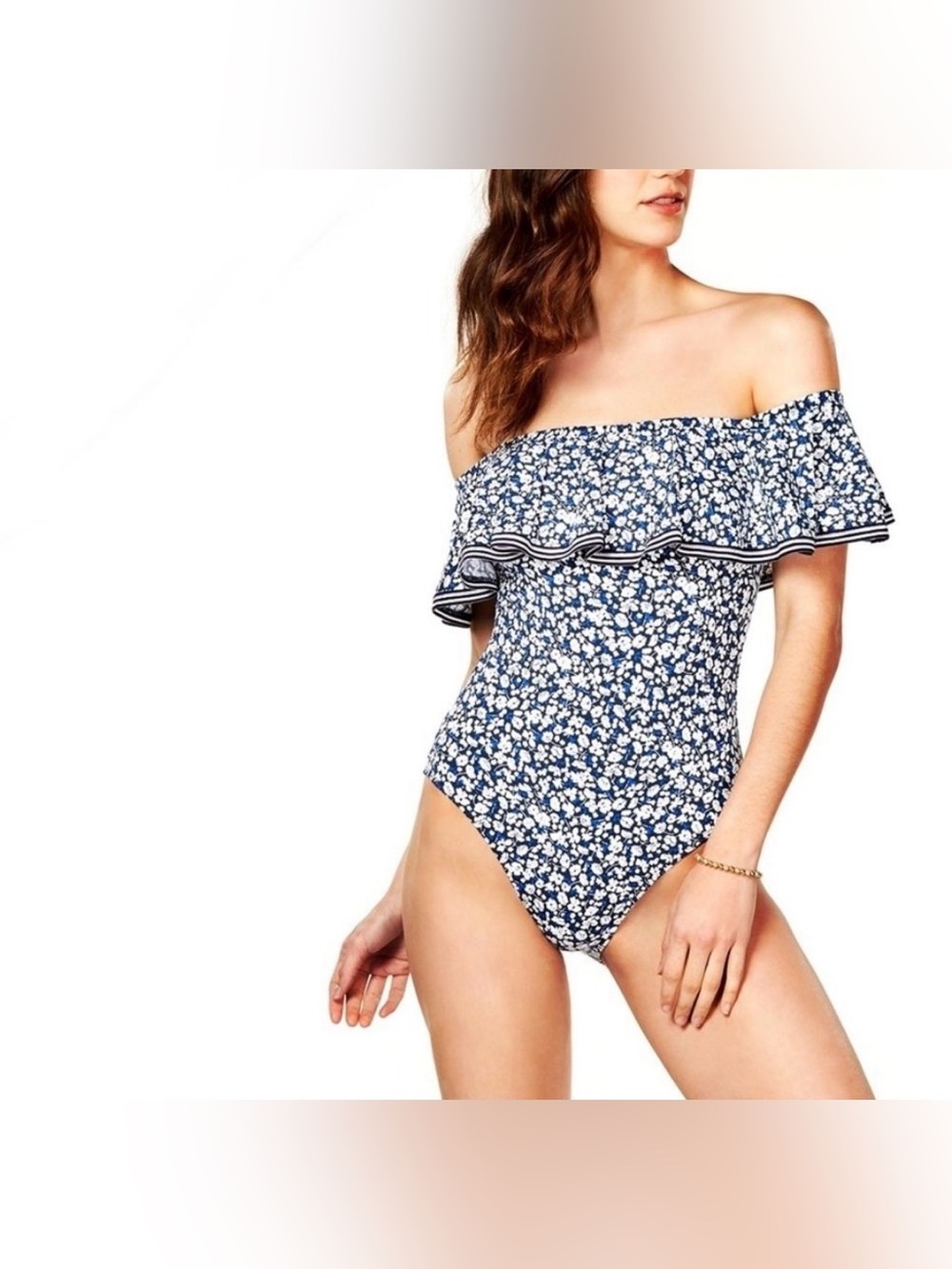 EUC Ralph Lauren Blue Floral Print Off the Shoulder Swimsuit Size 8